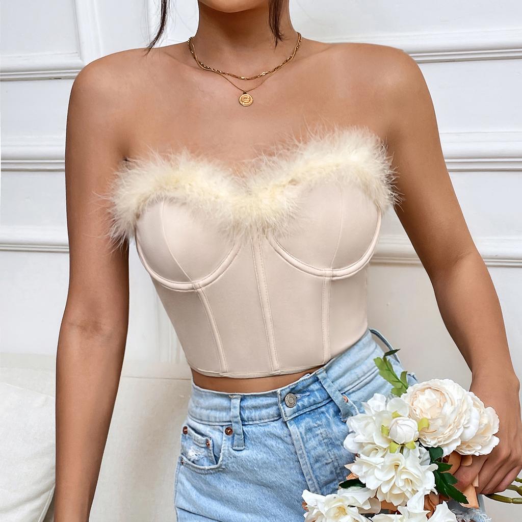 Faux Fur Tank Top Off-shoulder Crop Tops Women Summer Strapless Steel Camis Fishbone Camisole Fashion Tube Female Sleeveless Cropped Vest Y2K Clothes