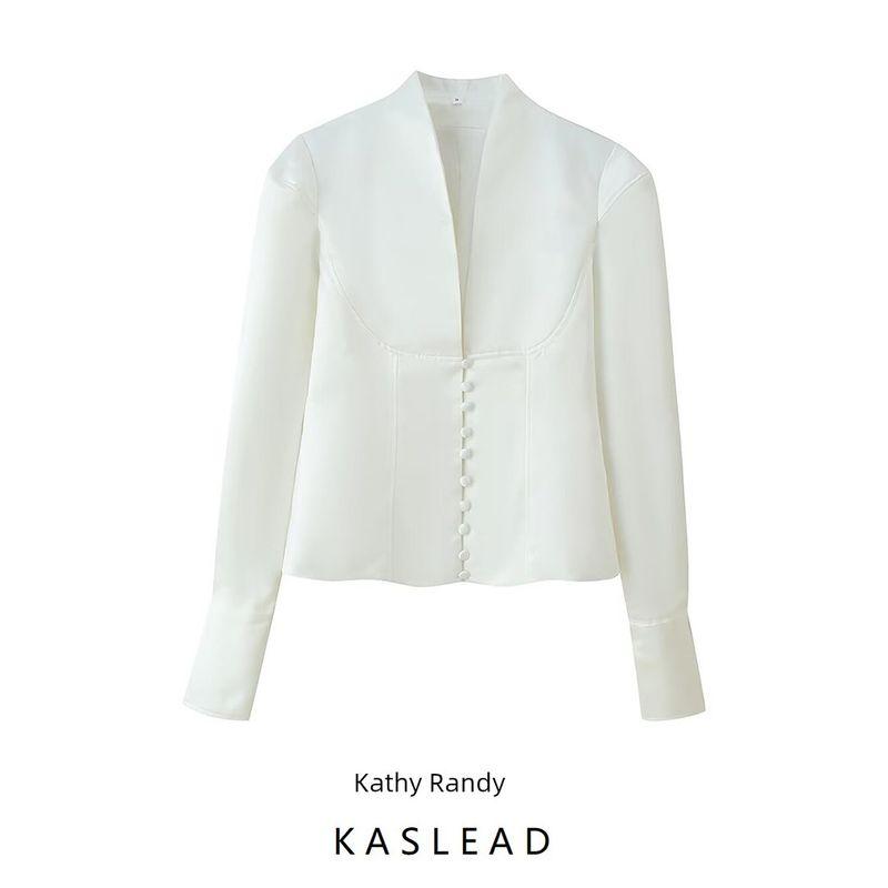 Kaslead New Women clothes Western Style Fashion Simple Slim fit Breasted Wide Shoulder Blazers