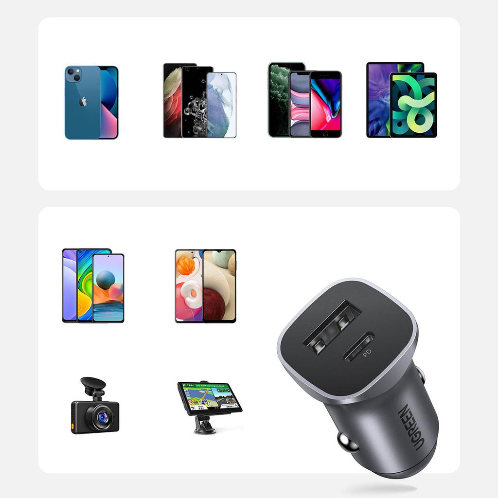 Ugreen Dual Port 30W Car Charger with USB-A/USB-C - PD PPS Certified - Metallic Gray (Model CD130)