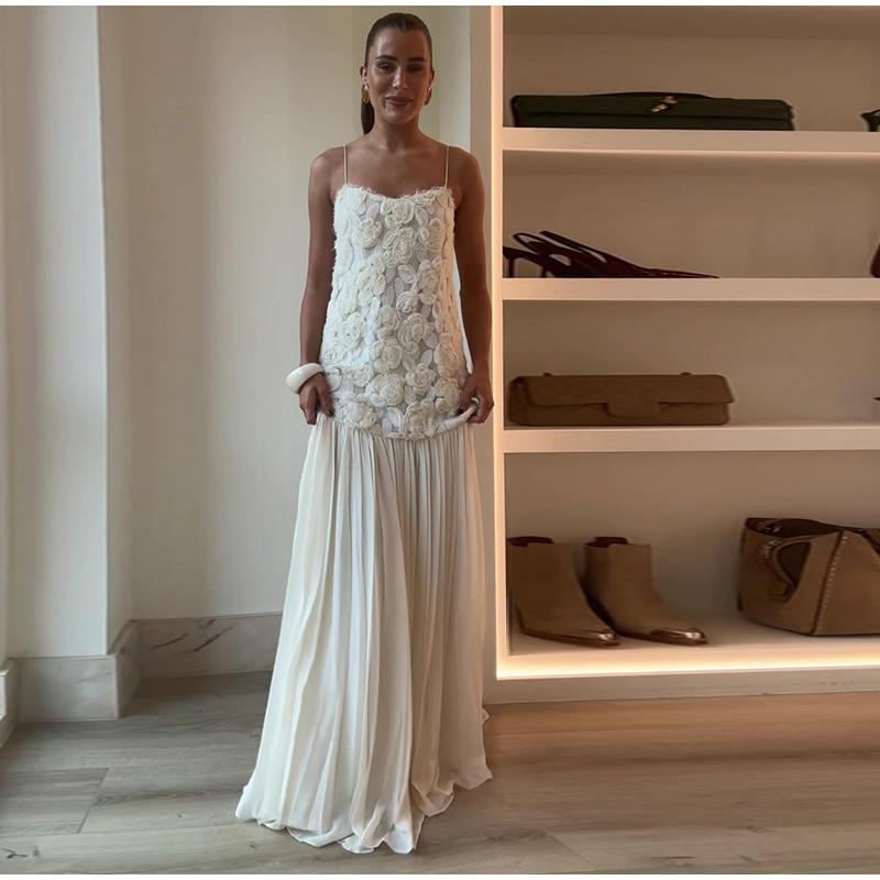 Women's Chiffon Dress Elegant White Backless 3D Flower Strap Dress Pleated A-line Patchwork Design Summer Beach Vacation Robe Evening Vestidos Dress