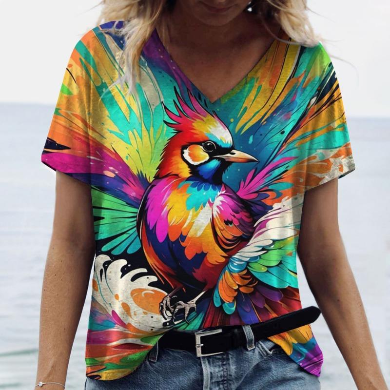 Summer Casual Beautiful Peacock Print Women Elegant Loose Casual V-neck Short Sleeved Shirt T-Shirts Women’s