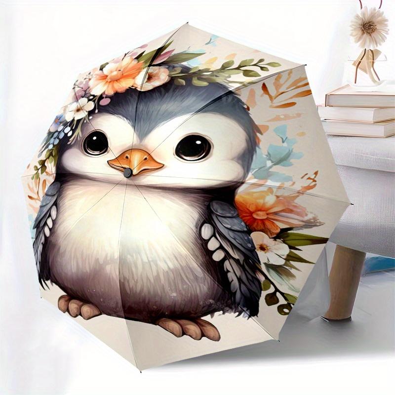 Penguin, Floral Automatic folding umbrella simple eight rib design, bright color pattern, durable iron frame, ideal for travel and outdoor,