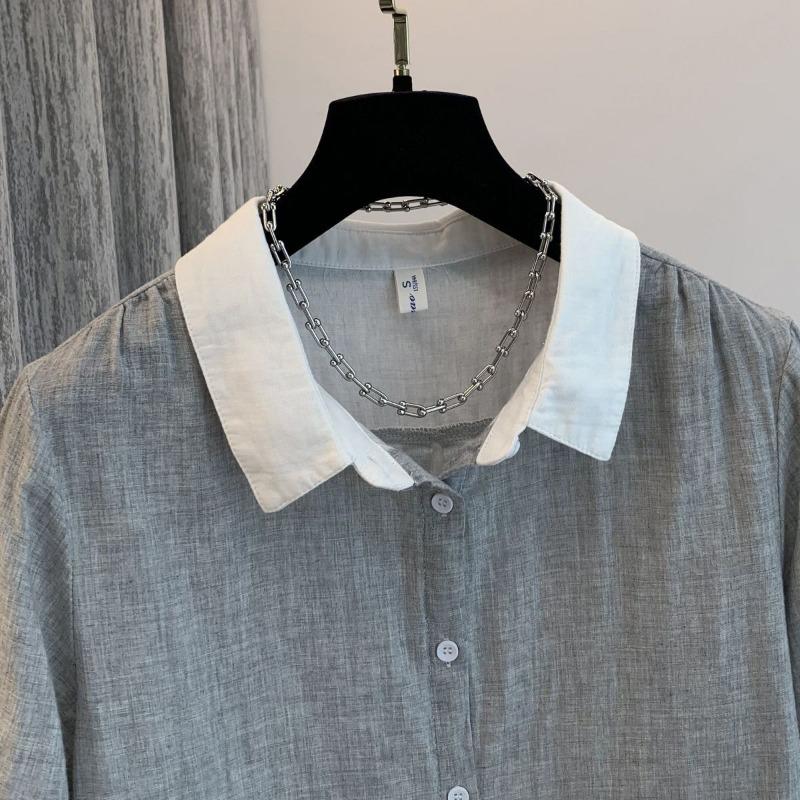 Lapel Contrast Color Quarter Sleeve Shirt Women's Retro Versatile Commuting Casual Loose Top