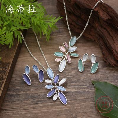 New Enamel Geometric Petal Stud Earrings Pendant Set, Women's Fashion High-end Flower Necklace