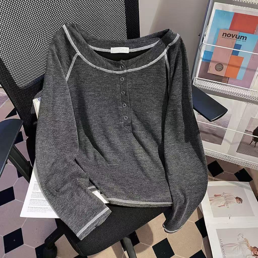 

250 г односторонней овечьей шерсти, футболка с длинным рукавом, серая базовая рубашка, декоративная яркая линия, осенний свободный топ с круглым вырезом для женщин XL серый