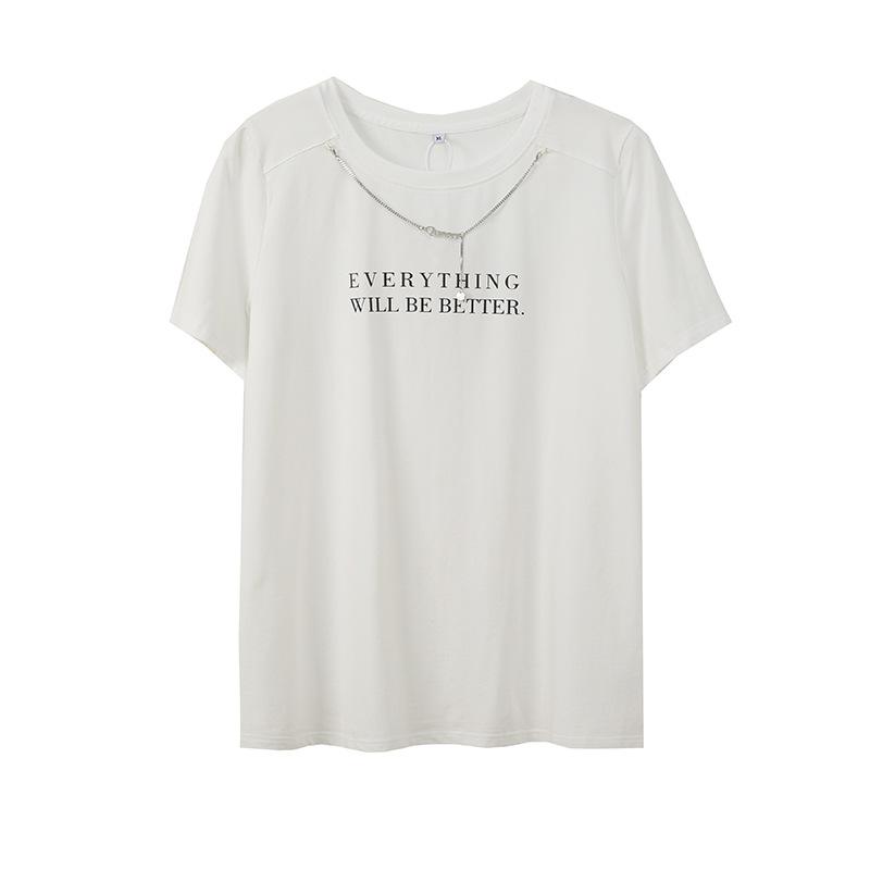 Spring and summer new solid color versatile short-sleeved t-shirt large size women's clothing ins niche chain printed top 212119