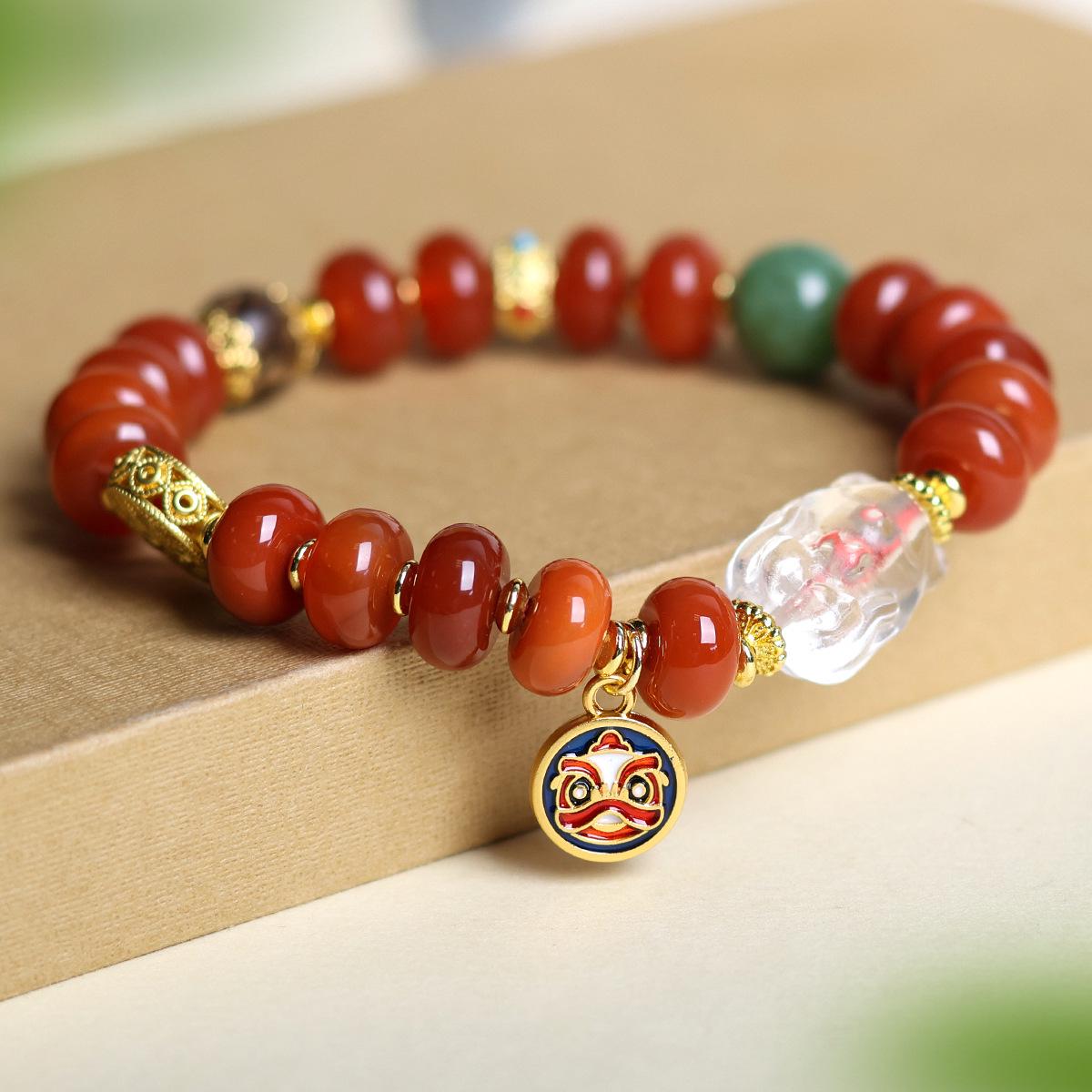 

South Red Agate & White Crystal Nine-Tailed Fox Bracelet for Women