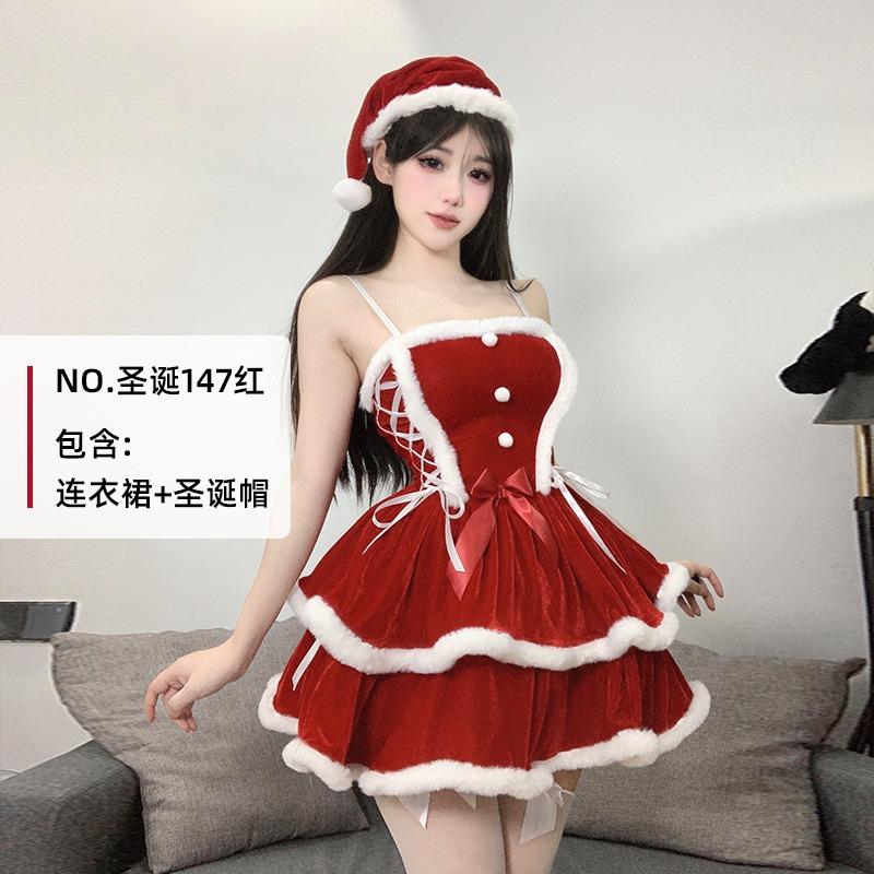 Nový vánoční kostým Červené Karkulky Roztomilý vánoční set Novoroční sladké šaty na kšandy