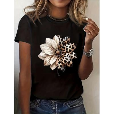 Women's Leopard Print Casual Round Neck T-shirt Top T-shirt, Seasonal Short Sleeved T-shirt, Women's T-shirt Clothes