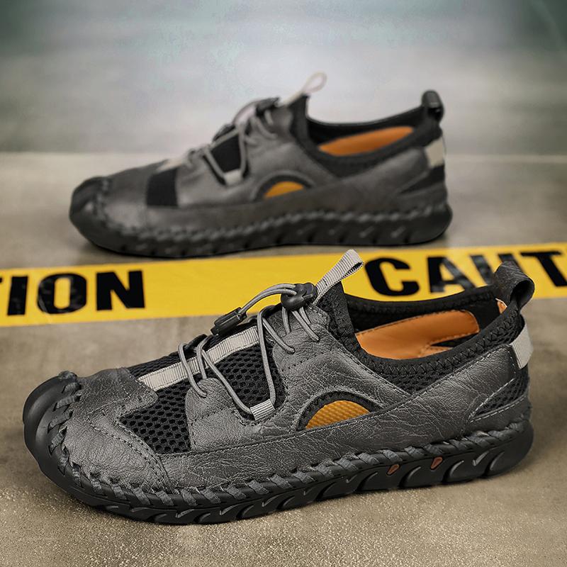 

Мужские походные сандалии ручной работы на плоской подошве, черные летние римские сандалии, ретро-кожаная пляжная обувь, большие размеры EU:48 серый