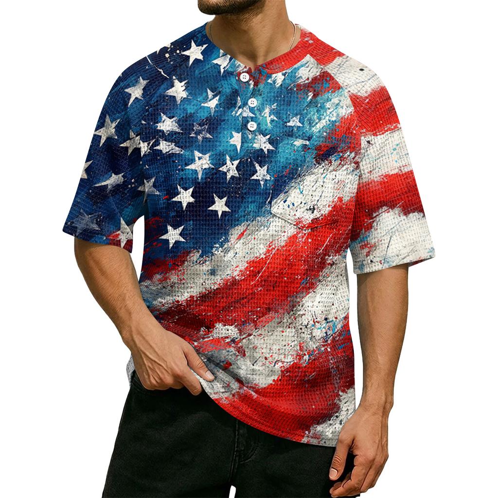 Men's Casual Waffle Knit Short Sleeve Shirt USA Letter Print Lightweight Breathable Summer Top with Button Front