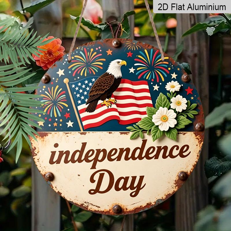 2D Flat, 1pc Independence Day Decor Metal Aluminum Sign, Home, Holiday Decor Ornaments, Suitable for Room, Outdoor, Porch Decor, Friendship Gift
