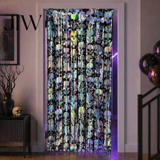 Holiday Wall Decor Halloween Skull Foil Fringe Curtain, Iridescent Disposable Tablecloth, Theme Decoration Table Cover Tinsel Backdrop for Party