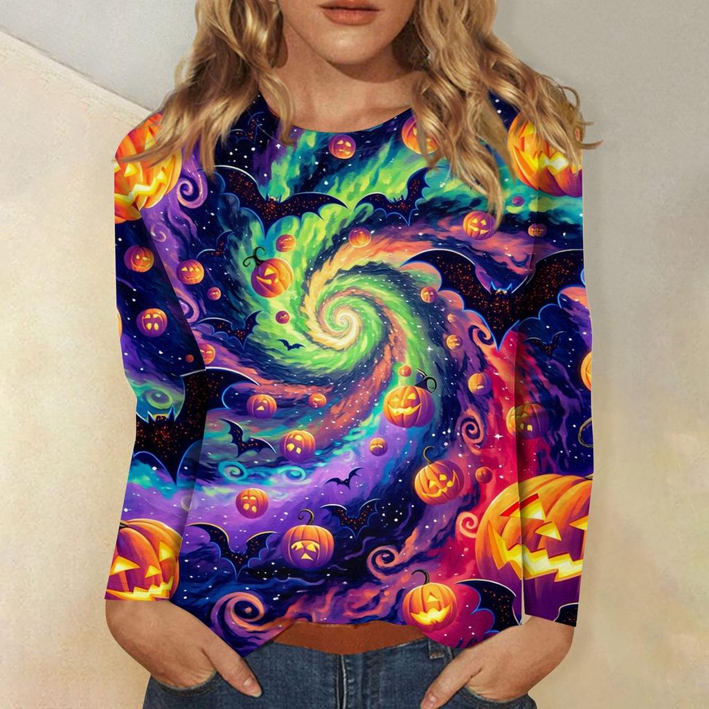 Women's Long-sleeved Loose-necked Halloween Print Casual Top, Suitable for Holiday Parties