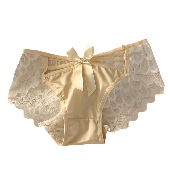 Women Sexy Lace Satin Panties Mid Waist Silky Underwear with Bow Lady Seamless Briefs Invisible Bikini Underwear