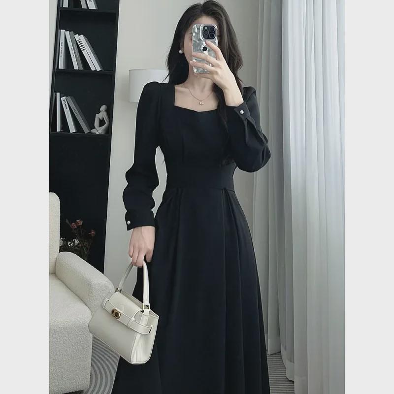 Rochie de toamnă de lux pentru femei, cu guler pătrat și mânecă lungă, în linie A, talie subțire, lungime medie, 2024