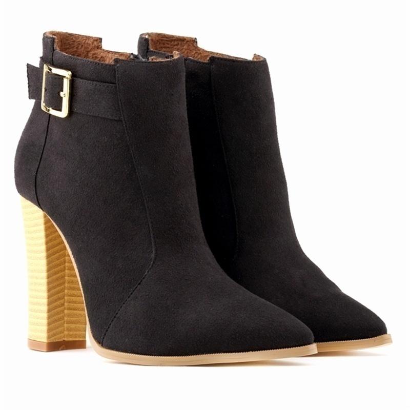 Women Ankle Boots Fashion Winter Boots Flock Thick Heels Shoes High Heels Zippers Pointed Toe Ladies Elegant Ankle Boot Big Size