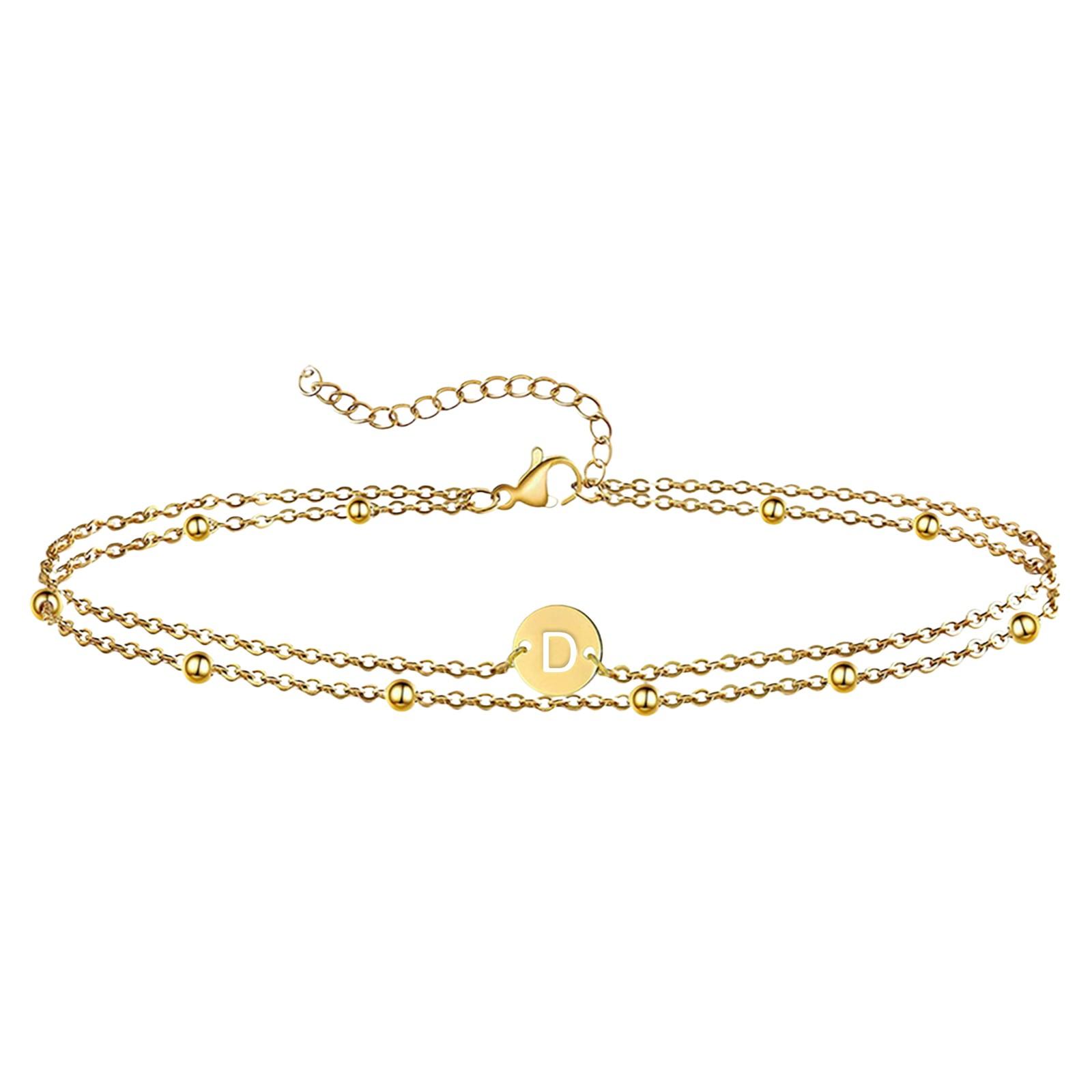Stainless Steel Double Layer Bracelet with Beaded Chain and Round Disc Letter Pendant Adjustable Length Lobster Clasp Jewelry for Women One Size