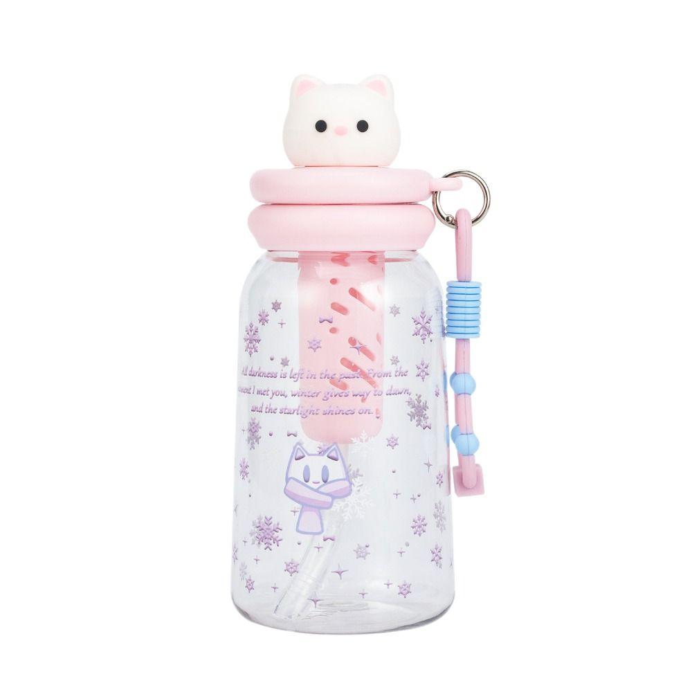 Cartoon Plastic Water Bottle 600ml with Handle Drinking Bottle Leakproof Straw Cup Summer