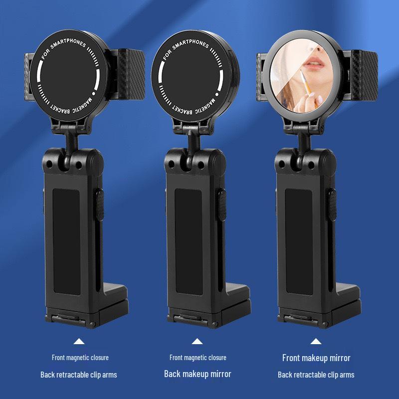 Portable Foldable Adjustable Phone Holder with Rotatable Clip and Beauty Mirror for Travel