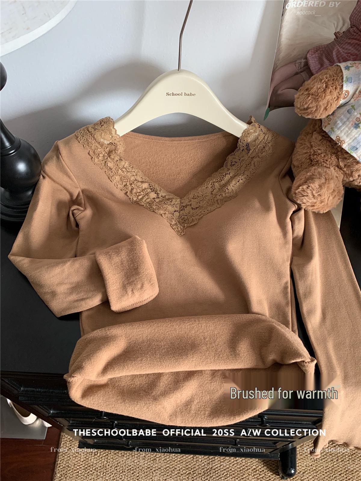 White Lace Trim Knit Top - Slimming Autumn/Winter Women s Shirt One Size кофейный