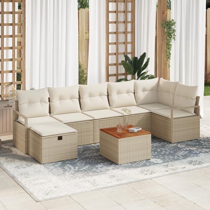 Ensemble de Canapé de Jardin 8 Pièces avec Coussins Beige Rattan Poly, Canapé de Jardin 2 Places avec Rangement et Coussins 3360879