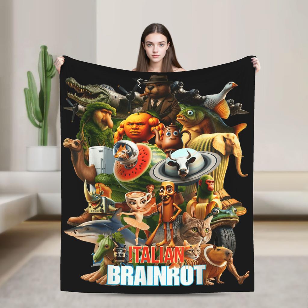Funny Italian Brainrot Memes Compilation Blanket Travel Flannel Throw Blanket For Home Decor Super Warm Quality Bedspread Gift
