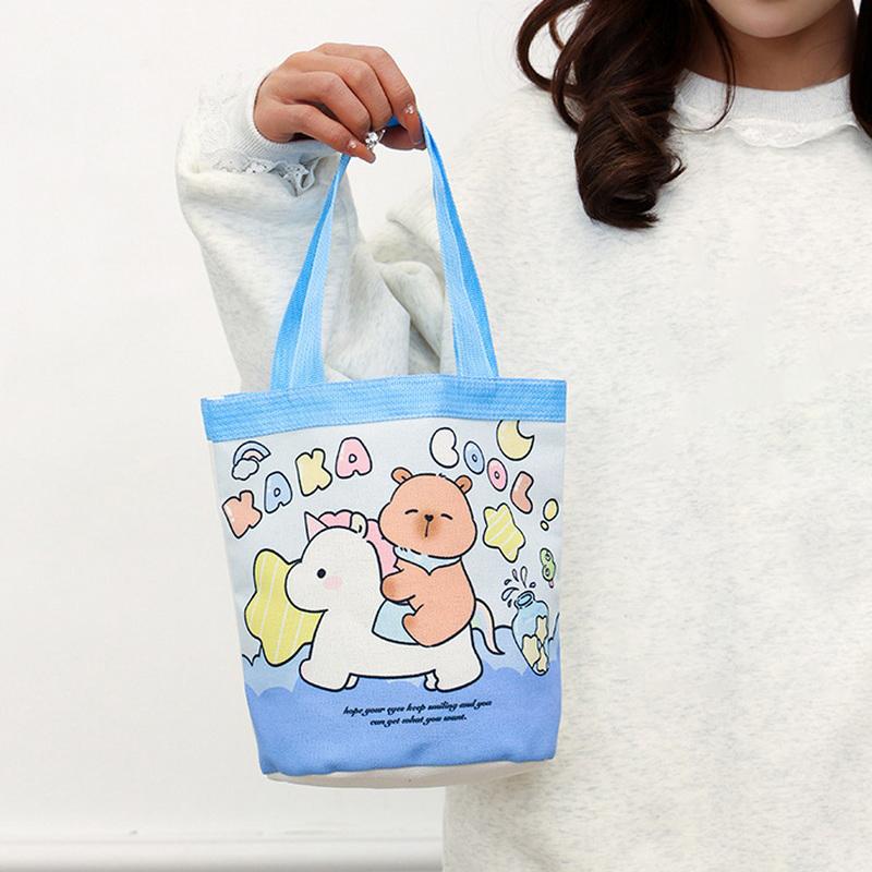 

1 шт. Холщовая сумка большой вместимости с капибарой, мультяшными узорами, легкая, студенческая сумка для документов, сумка для покупок, милая повседневная сумка синий