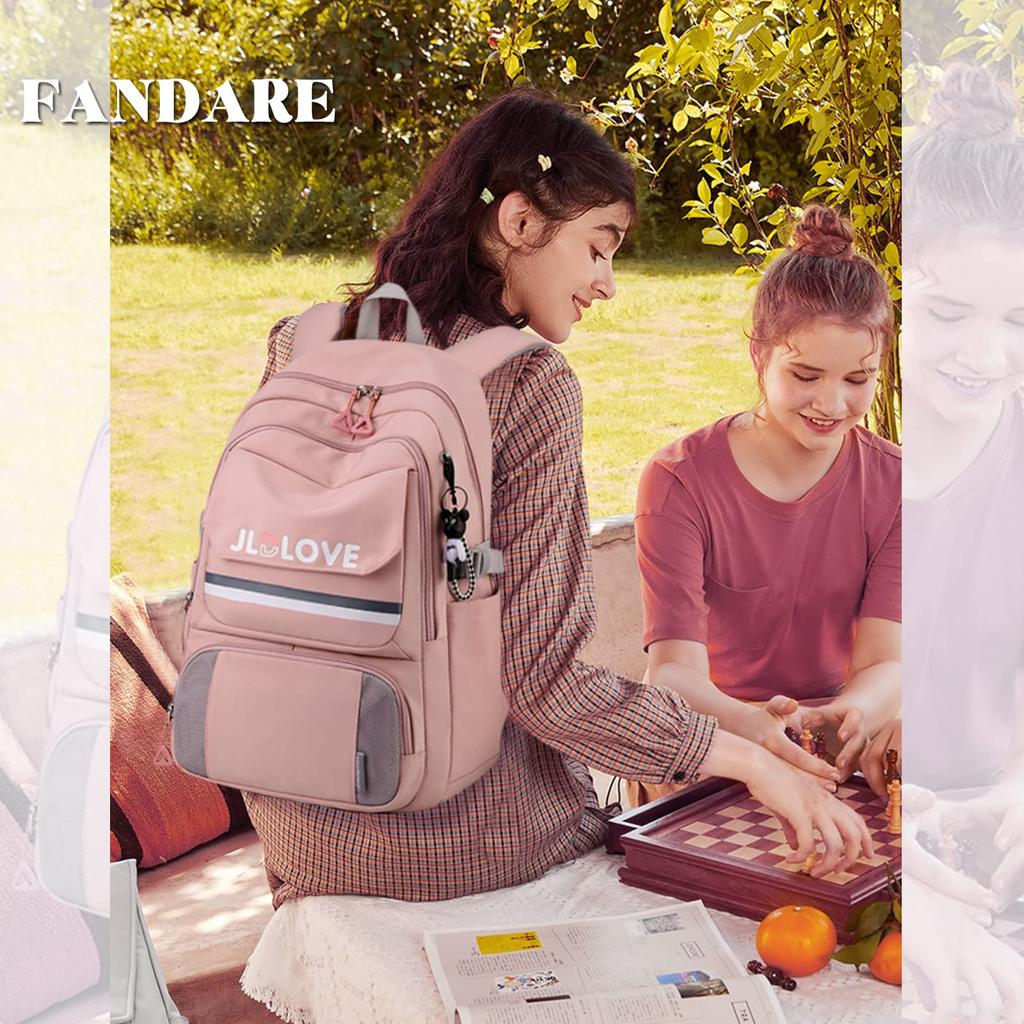 FANDARE Backpack for Men and Student Style with Cute Large Fits A4 Attaches to Perfect for and Pink Women, Charm, Capacity, 15.6-inch Laptops, Size,