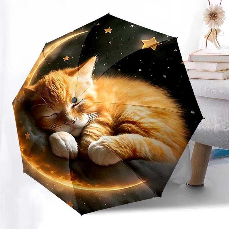 

1pc Golden Moonlit Cat on Crescent Moon with Stars, Automatic Opening/Closing Umbrella, Portable 3-Fold Design, 8-Bone Iron Frame Outdoor Umbrella, Pe
