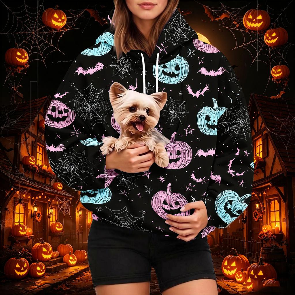 Women's Fashion Halloween Print Hoodie with Pet Pocket, Casual Pullover Sweatshirt for Fall