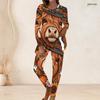 Women Plus Size Round Neck Long Sleeve Printed Cartoon Bear Pumpkin Two Piece Pants Set