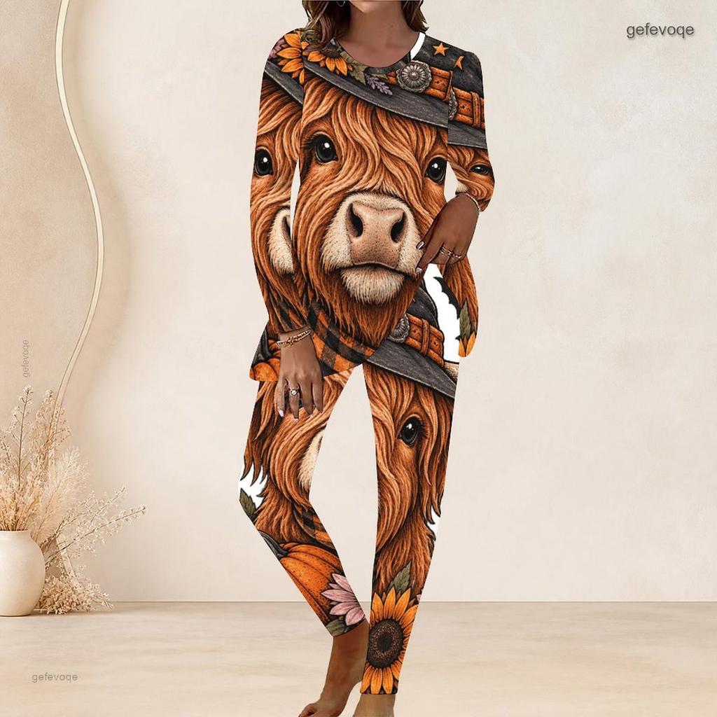 Women Plus Size Round Neck Long Sleeve Printed Cartoon Bear Pumpkin Two Piece Pants Set