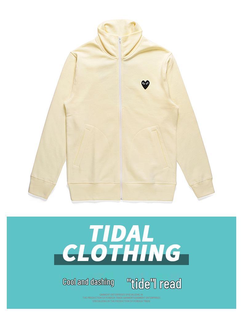 HEYPLAY Unisex Trendige Blaue Reißverschlussjacke mit Rotes Herz & Großem Schwarzen Herz auf dem Rücken, Kapuzenpullover mit Stehkragen.