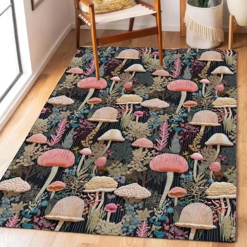 Mushroom Rug Area Rug Floral Carpet Housewarming Gift Jungle Rug Kitchen Rug Soft Thin Rug Washable Rug Bathroom Mat Nursery Rug
