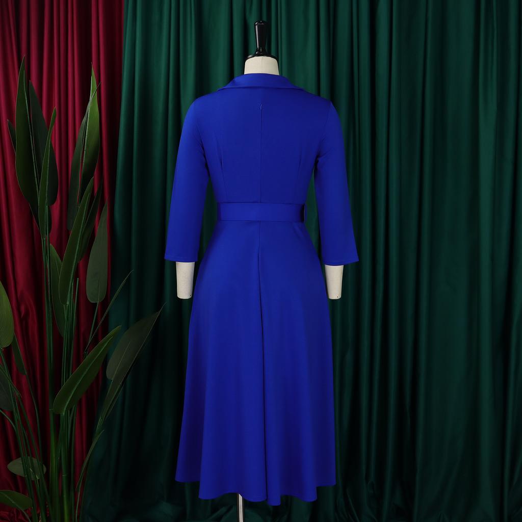Large Size Women's Autumn New Lapel Fashion Temperament Solid Color Swing Skirt Dress