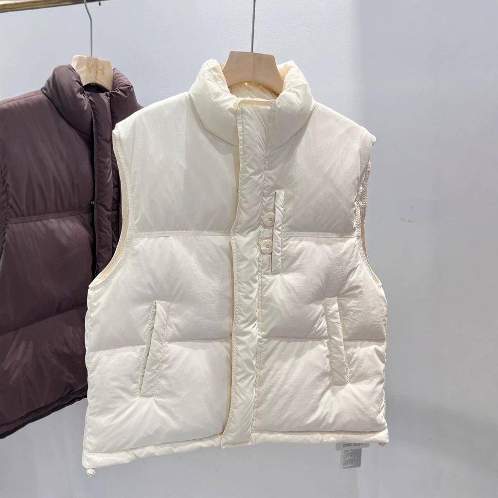 Women's Stand Collar Down Vest - Warm, Sleeveless, Two-Button Basic for Autumn/Winter Fashion