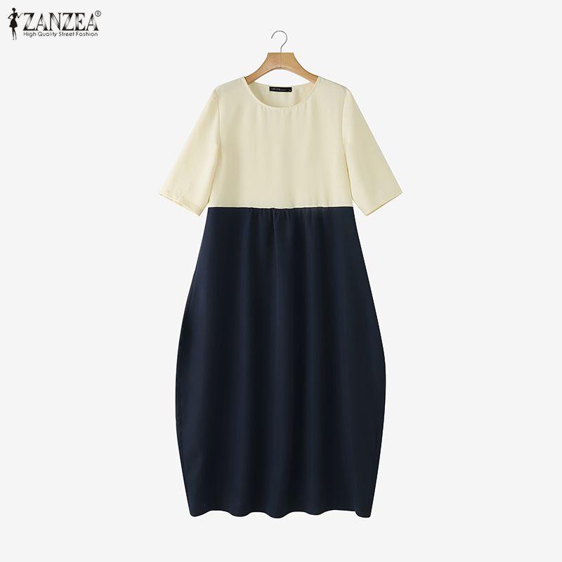 ZANZEA Women Casual Round Neck Half Sleeve Patchwork Long Dress