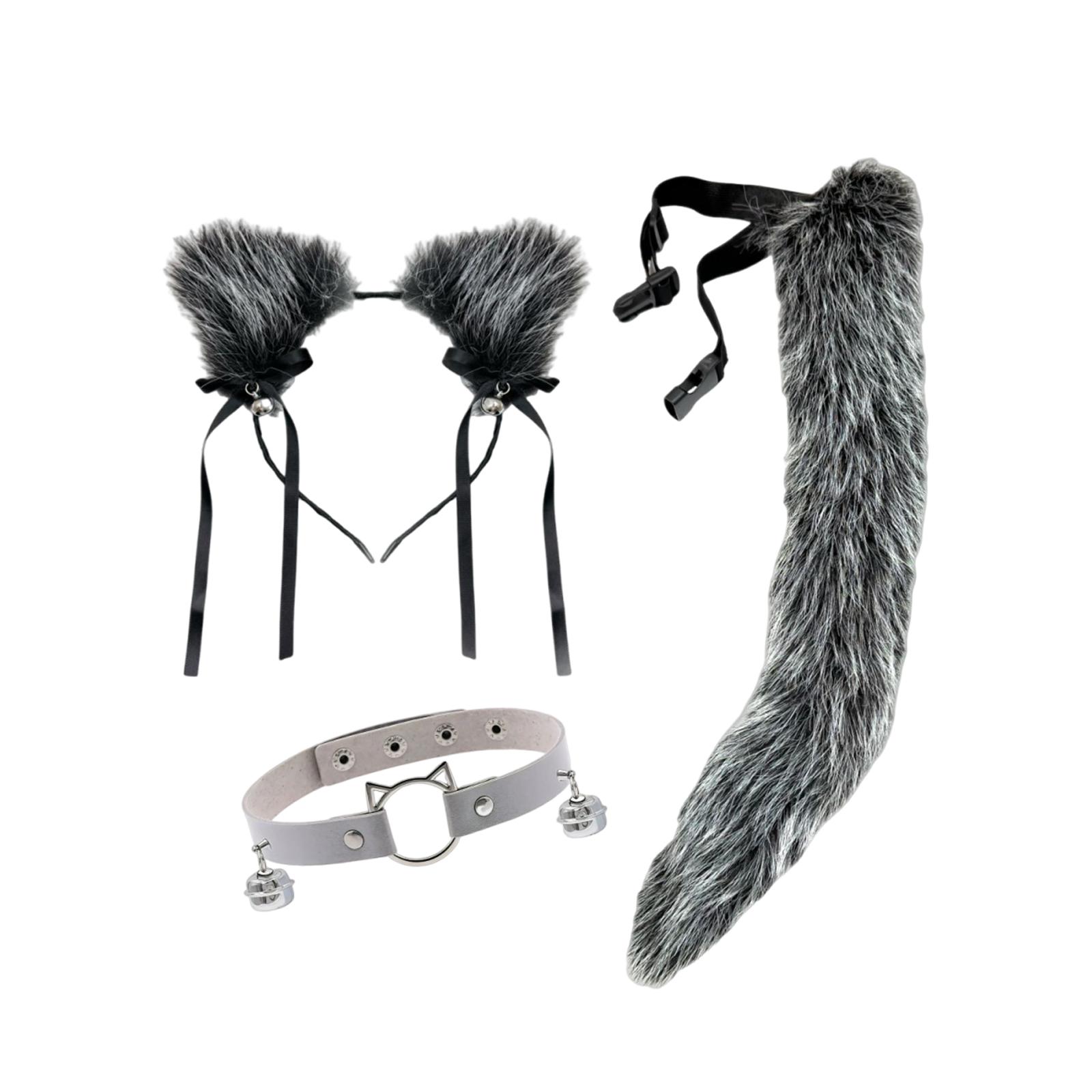 

3pcs Cat Ears and Wolf Fox Animal Tail Bell Collar Cosplay Costume for Performance Halloween Costume Accessories Dress up 50CM
