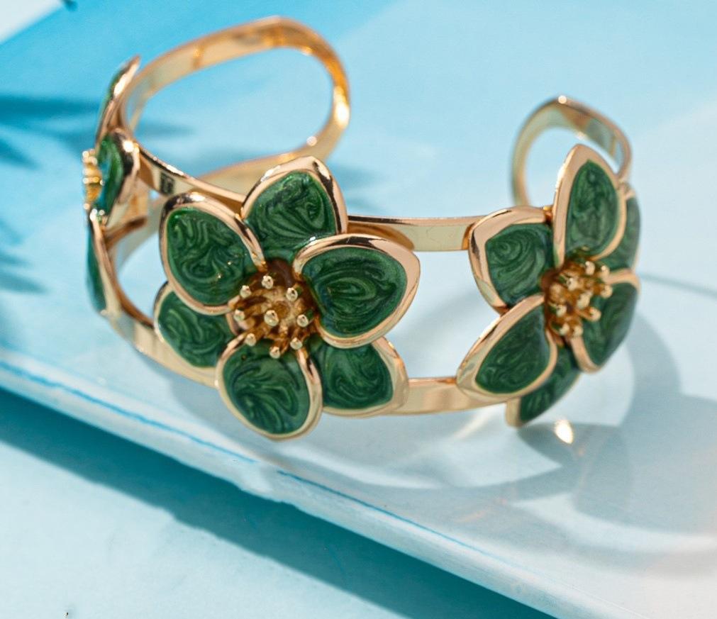 Set Metal Drip Oil Flower Ring + Bracelet + Earrings Personality