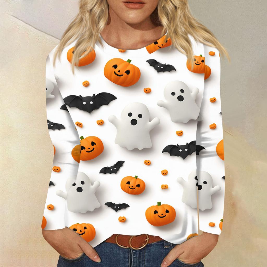 Modisches, lässiges Langarm-Oberteil mit Rundhalsausschnitt und Halloween-Print für Damen
