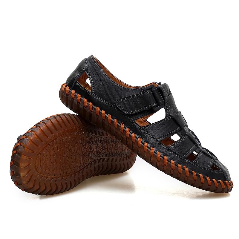 Men Outdoor Hiking Sandals Black Leather Closed Toe Yellow Beach Shoes Wide Handmade Sandals Plus Size for Father
