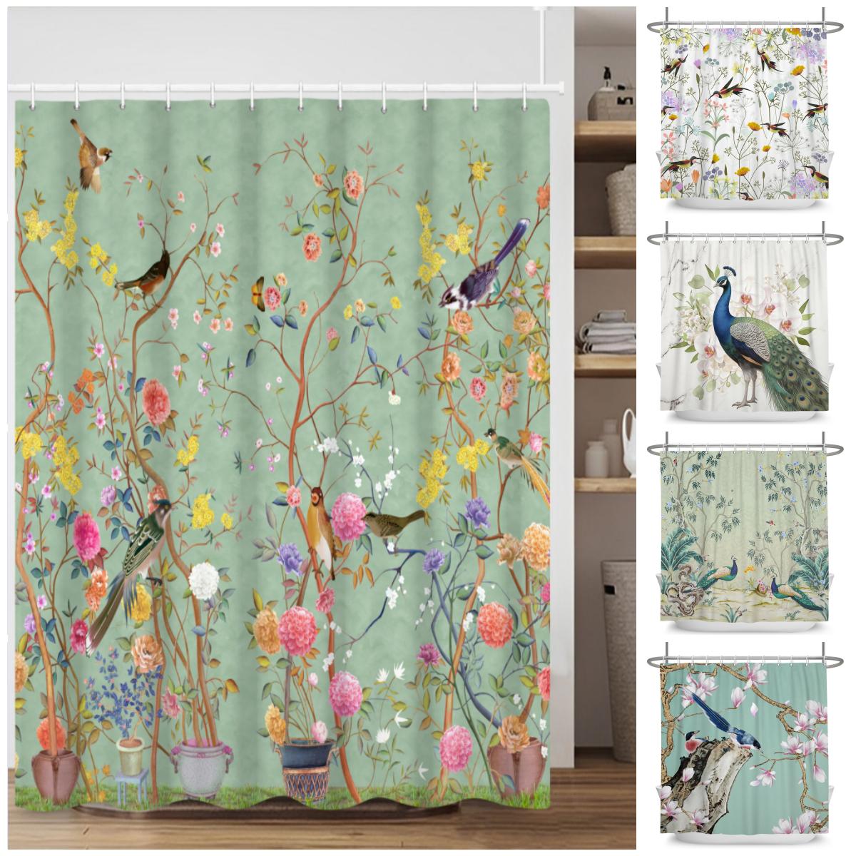 Monika Chen Vintage Bird Flower Shower Curtain With Hooks Artistic Peacock Floral Design Chinese Style Waterproof Polyester Bathroom Curtain