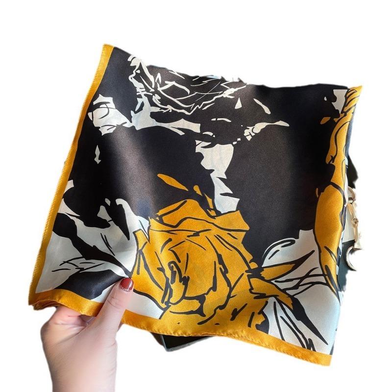 Frühling neue Maulbeerseide Uni Krepp Satin schwarz und gelb Rosen bedruckter Seidenschal Damen leichte Luxus vielseitige Seide kleiner quadratischer Schal