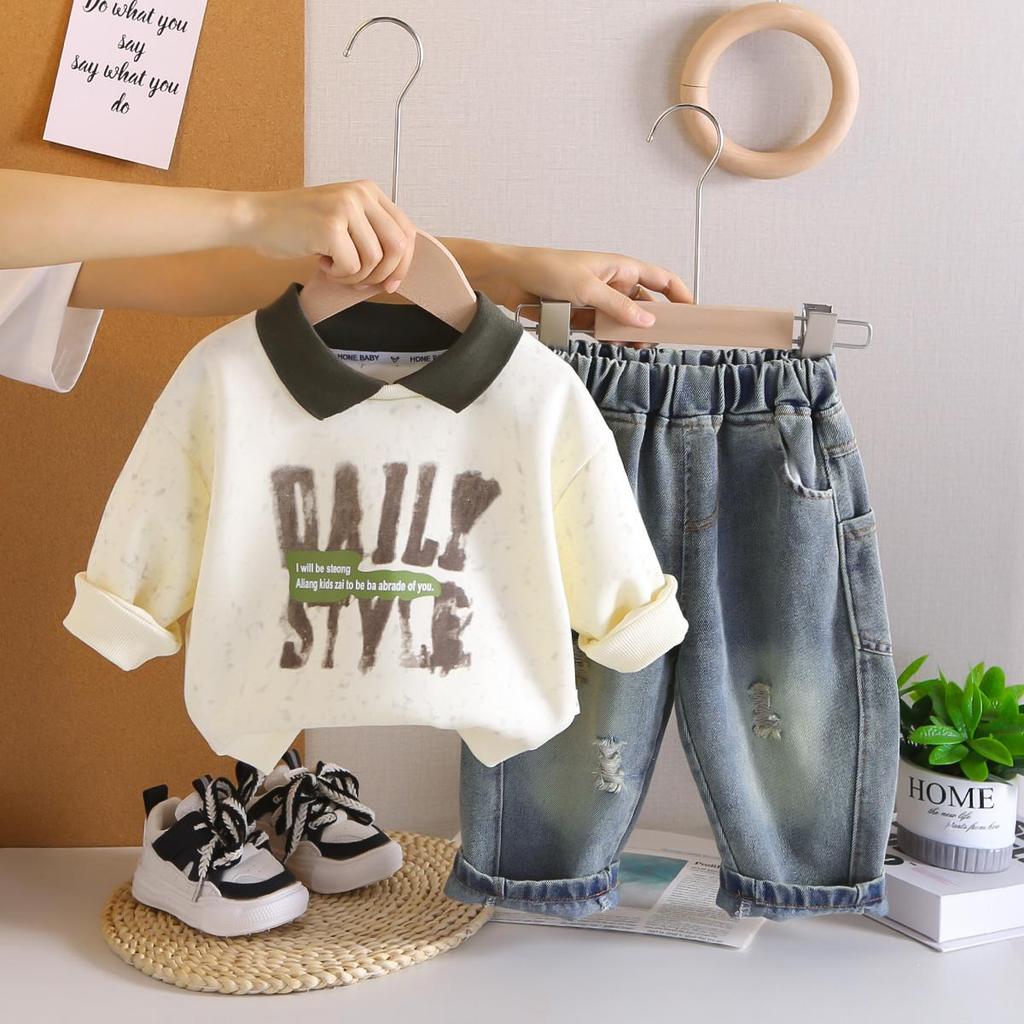 Boys' Long Sleeved Two-piece Set - Collar Letter Printed Hoodie+casual Denim Pants - High-quality Clothing -6 Months -5 Years Old