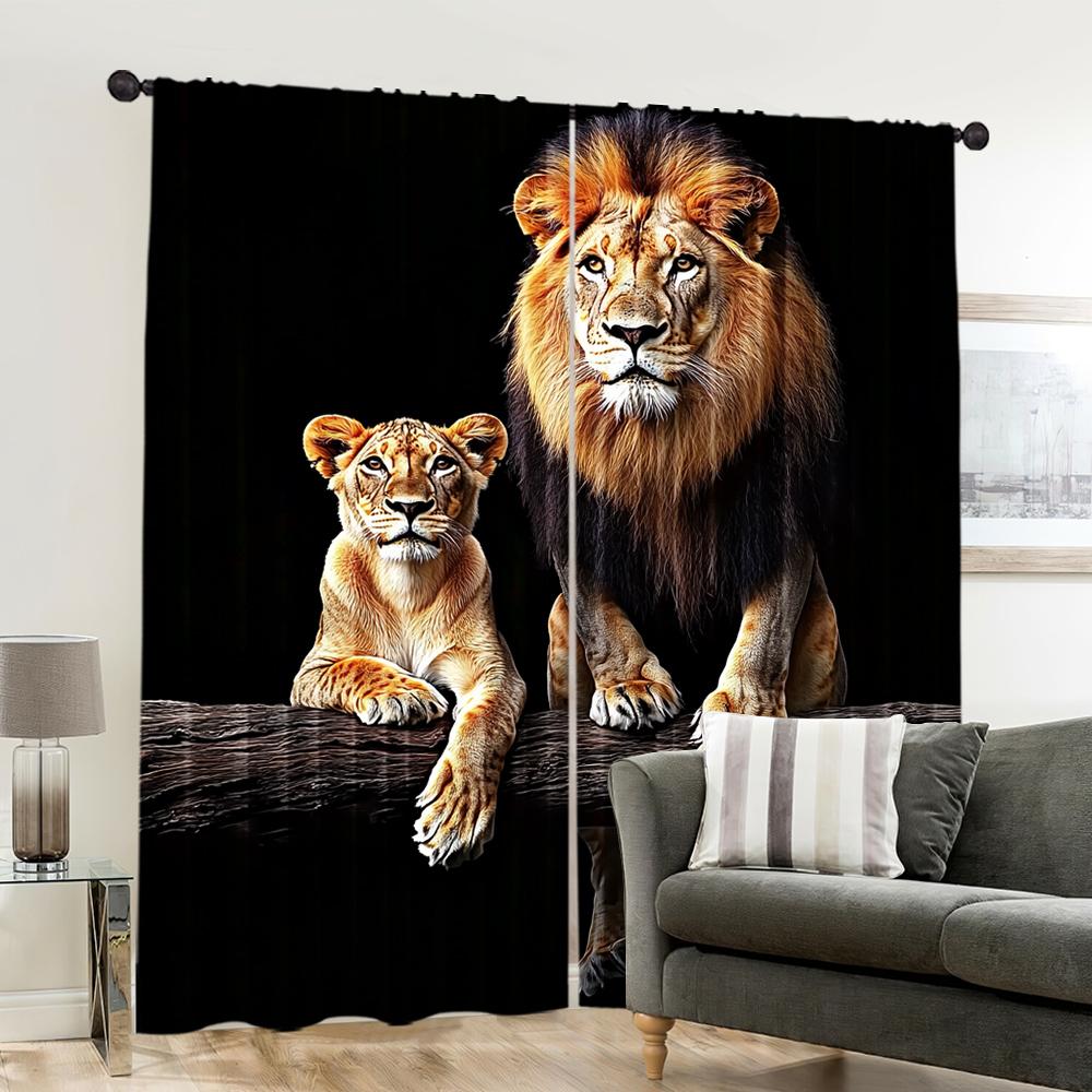 2pcs, 2D flat printing Curtains Lion And Lioness Log Print Versatile Polyester Fabric,Without Electricity Birthday Party Applies