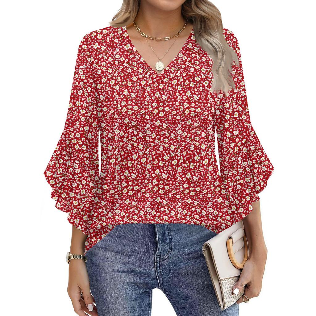 Blouses For Women Dressy Casual 3/4 Length Sleeve Womens Tops V Neck Tshirts Shirts With Flared Sleeve