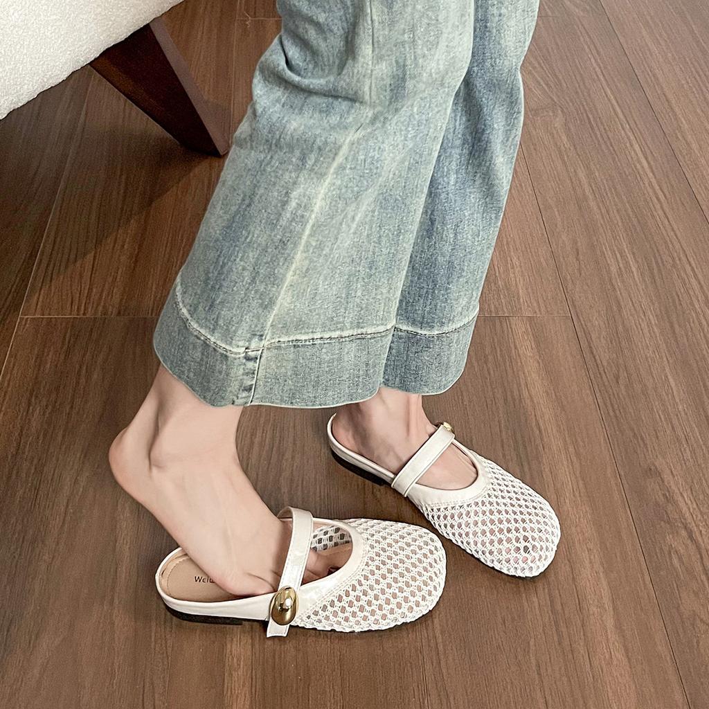 Silver hollow breathable bag head half slippers women's summer one pedal woven fishing net sandals