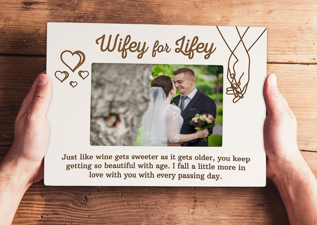 Darling Souvenir MADE WITH LOVE Personalized Wood Engraved Wedding Couple Picture Frame, Tabletop White Photo Frame (Wifey For Lifey)