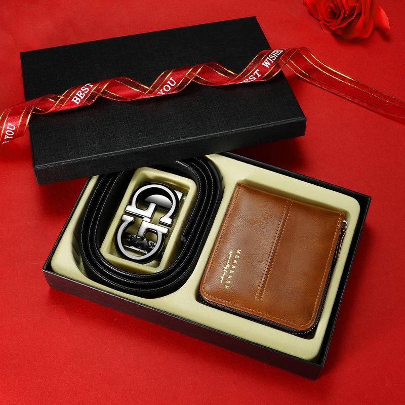 First Layer Cowhide Men'S Belt Wallet Gift Box Automatic Buckle Belt Wallet Combination High-End Gift Set